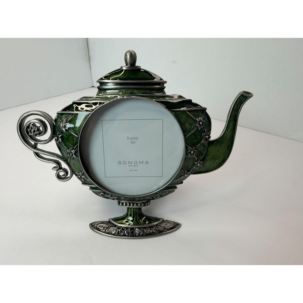 Decorative‎ Frame Teapot Genie Lamp Silver Tone Green Accent 3x3